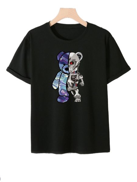 men 1pc bear & robot print tee y8c8#, White;black