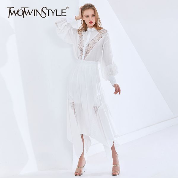 black patchwork lace two piece set for women stand collar shirt irregular hem skirts female sets spring 210423, White
black patchwork lace two piece set for women stand collar shirt irregular hem skirts female sets spring 210423, White