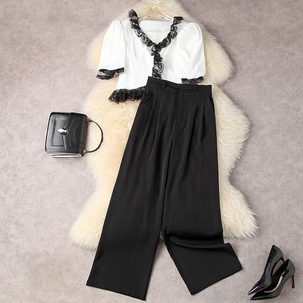 european and american women's wear spring 2022 new lace v-neck shirt with half-sleeve wide-legged pants fashion suits, White
european and american women's wear spring 2022 new lace v-neck shirt with half-sleeve wide-legged pants fashion suits, White