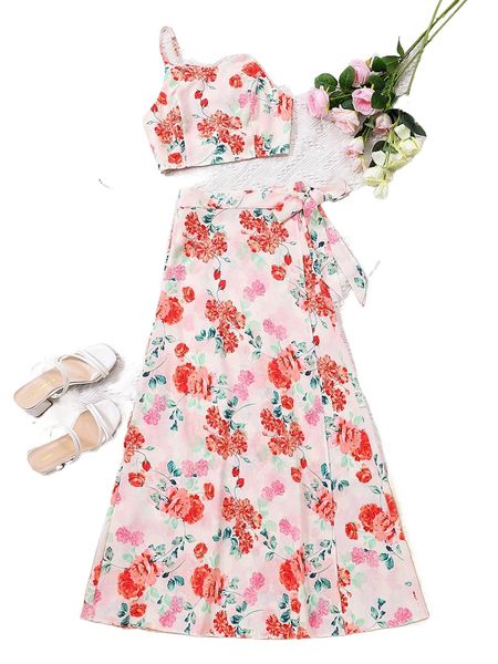 floral print cami & wrap skirt set j0tt#, White