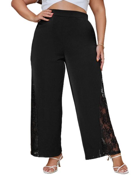 plus contrast lace wide leg pants t9dg#, Black