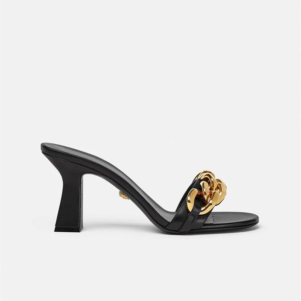 explosion women's chain mid-heel sandals medusa imported calfskin mid-block heel leather mules chunky chain toe strap beach designer co, Black
explosion women's chain mid-heel sandals medusa imported calfskin mid-block heel leather mules chunky chain toe strap beach designer co, Black