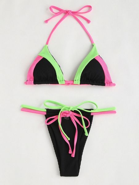 color block rib halter triangle bikini swimsuit h5yg#, White;black
color block rib halter triangle bikini swimsuit h5yg#, White;black