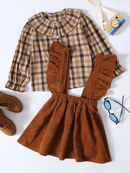 toddler girls plaid doll collar blouse with overall skirt she, White 
toddler girls plaid doll collar blouse with overall skirt she, White