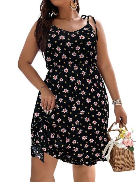 plus floral print tie shoulder ruffle hem cami dress c9jz#, Black
plus floral print tie shoulder ruffle hem cami dress c9jz#, Black