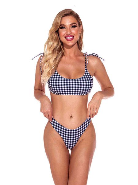 women's split swimsuit plaid lace up suspender, White;black
women's split swimsuit plaid lace up suspender, White;black