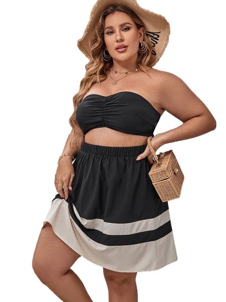 plus ruched tube & two tone skirt 6815#, Black