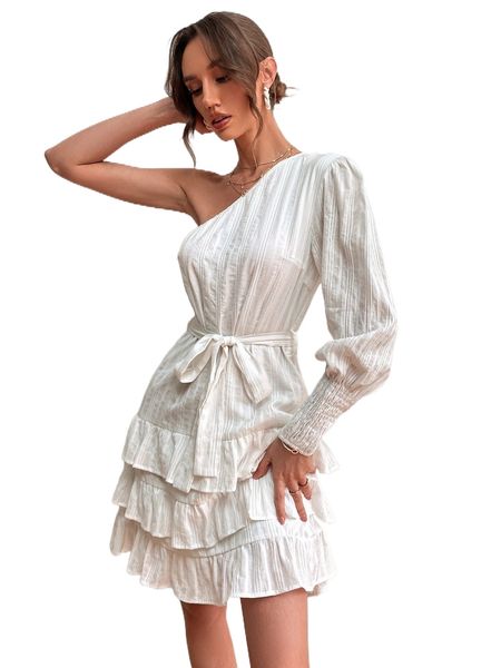 one shoulder lantern sleeve layered ruffle hem belted dress t3g5#, Black;gray
one shoulder lantern sleeve layered ruffle hem belted dress t3g5#, Black;gray