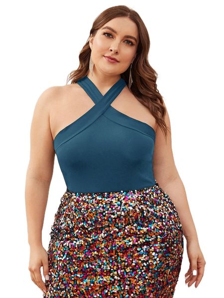 plus solid slim halter x0of#, Black