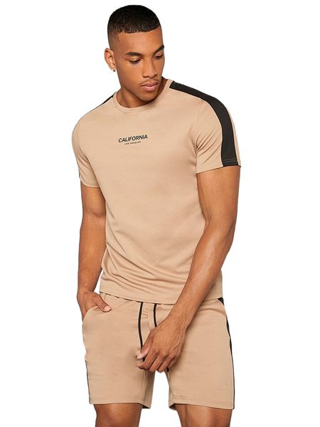 men letter graphic tee & track shorts set r6uo#, Gray 
men letter graphic tee & track shorts set r6uo#, Gray