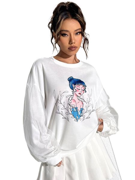 x chechisart figure graphic drop shoulder contrast mesh lantern sleeve pullover g2ss#, Black
x chechisart figure graphic drop shoulder contrast mesh lantern sleeve pullover g2ss#, Black