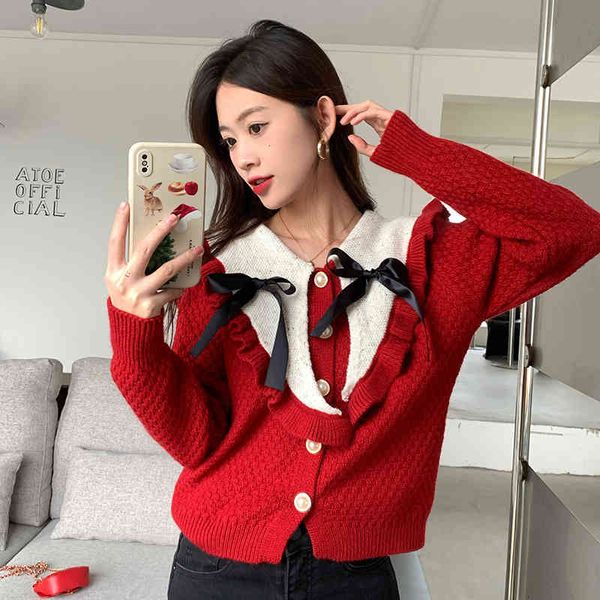 women's polos baby collar red cardigan short sweater women's spring loose foreign style bow 094p, White
women's polos baby collar red cardigan short sweater women's spring loose foreign style bow 094p, White