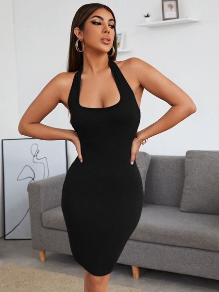 solid rib-knit bodycon dress m6ox#, Black;gray
