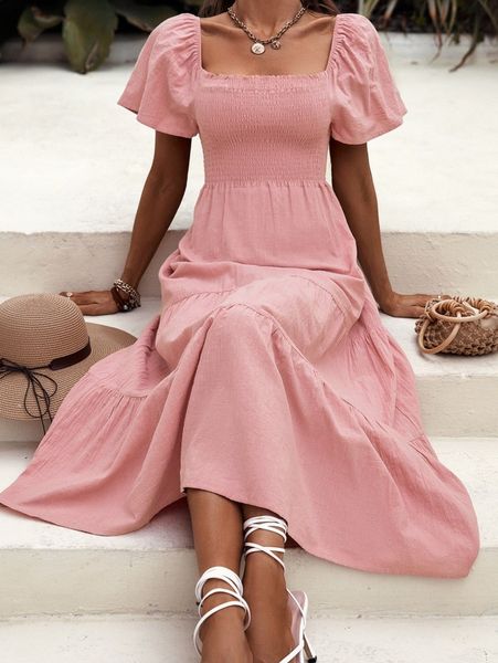 shirred square neck flutter sleeve ruffle hem dress e3wk#, Black;gray
shirred square neck flutter sleeve ruffle hem dress e3wk#, Black;gray