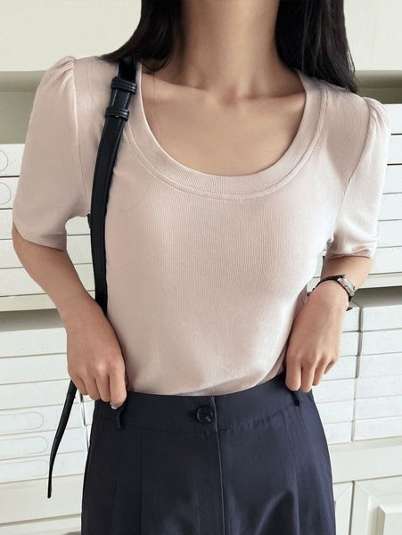 dazy ribbed knit puff sleeve tee 87dj#, White 
dazy ribbed knit puff sleeve tee 87dj#, White