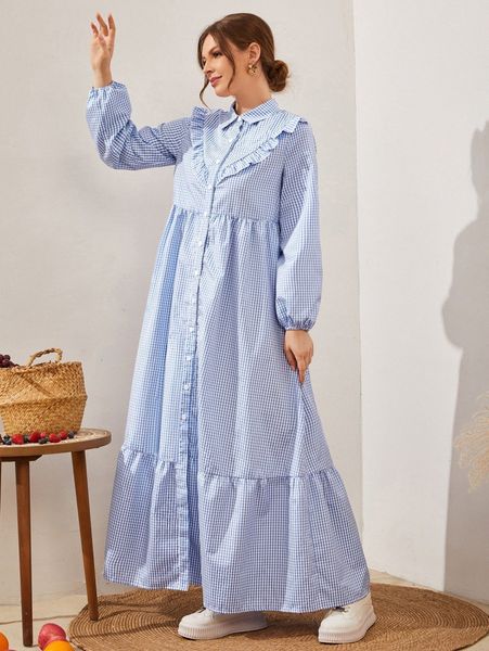 plaid frill trim lantern sleeve ruffle hem smock dress x6vd#, Black;gray 
plaid frill trim lantern sleeve ruffle hem smock dress x6vd#, Black;gray