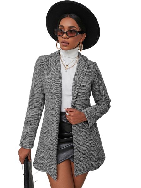 lapel neck open front tweed overcoat l4cp#, Black