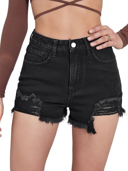 high waist raw hem denim shorts m9px#, White;black 
high waist raw hem denim shorts m9px#, White;black