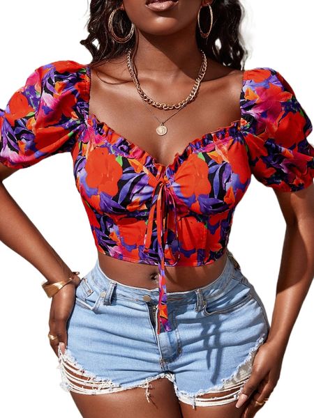 sxy floral print frill trim knot front puff sleeve bustier crop blouse g4st#, White
sxy floral print frill trim knot front puff sleeve bustier crop blouse g4st#, White
