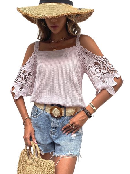 contrast guipure lace cold shoulder tee g1pa#, White
contrast guipure lace cold shoulder tee g1pa#, White