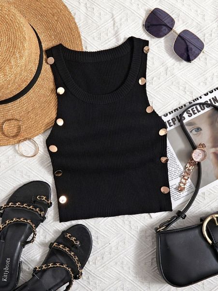 button detail ribbed knit l2vn#, White;black