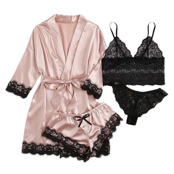 new women's elastic pajamas 4-piece set lace suspender satin pajamas and interesting pajamas, Black;white
new women's elastic pajamas 4-piece set lace suspender satin pajamas and interesting pajamas, Black;white