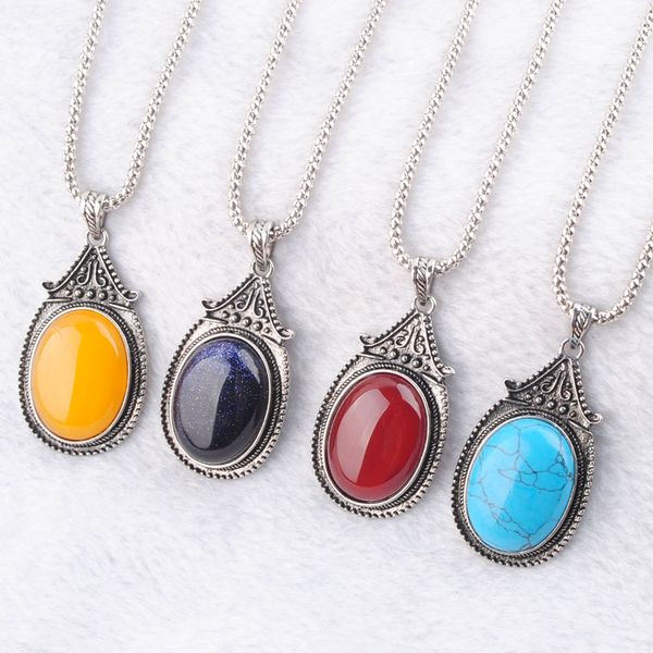 

retro natural amethyst agate stone pendants necklace vintage jewelry for man party gift turquoise opal oval beads ancient silver charm pendu