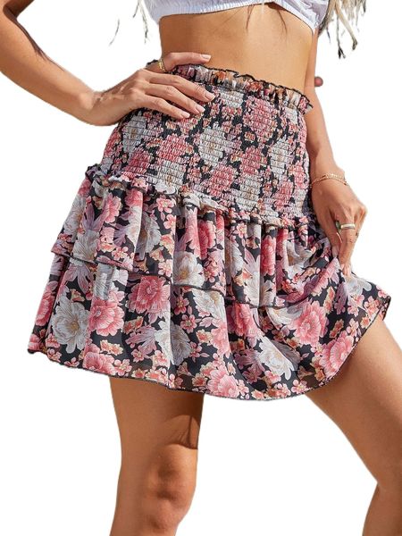 floral print shirred waist layered hem chiffon skirt s548#, Black