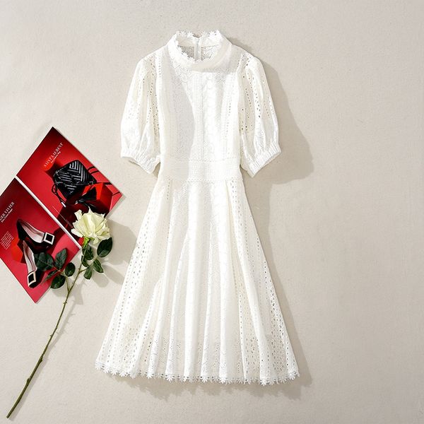 women runway knee length dress white hollow out puff sleeve embroidery party vacation casual, Black
women runway knee length dress white hollow out puff sleeve embroidery party vacation casual, Black