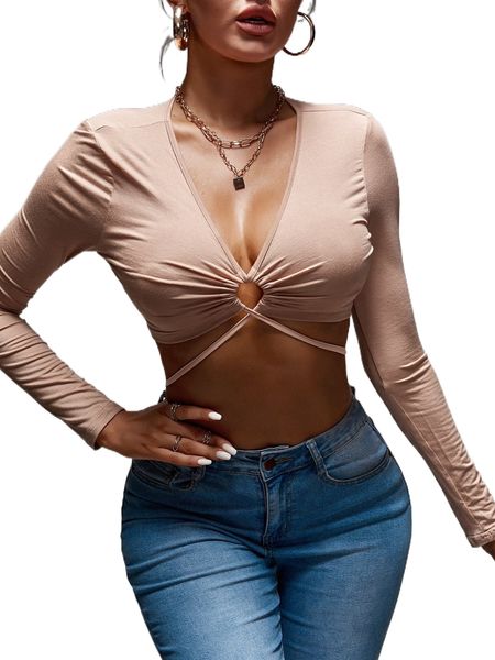 sxy plunging neck tie back crop d9tl#, White