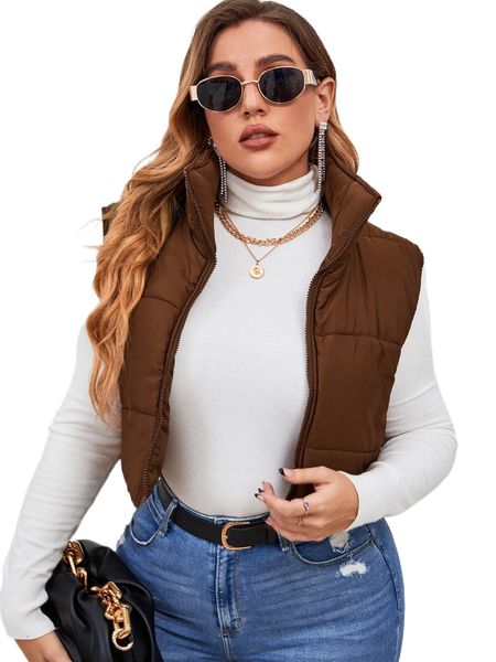 plus zip up sleeveless puffer coat f4s2#, Black