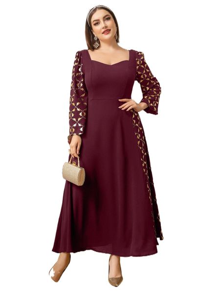 plus gold print sweetheart neck puff sleeve dress p7ut#, Black