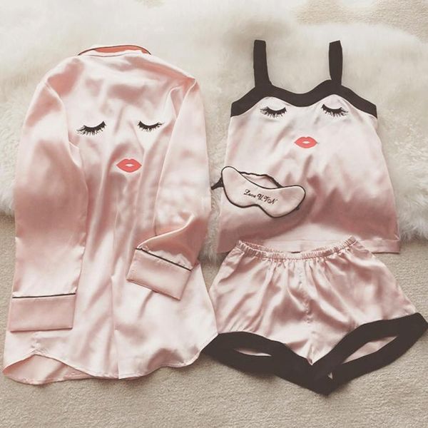 women's sleepwear summer cartoon satin pajamas sets women 4pcs/set long sleeve camisole shorts eye mask home clothing mujer, Black;red
women's sleepwear summer cartoon satin pajamas sets women 4pcs/set long sleeve camisole shorts eye mask home clothing mujer, Black;red