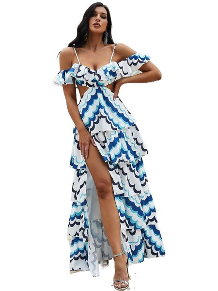 allover print cold shoulder backless layered hem chiffon dress j6ou#, Black;gray