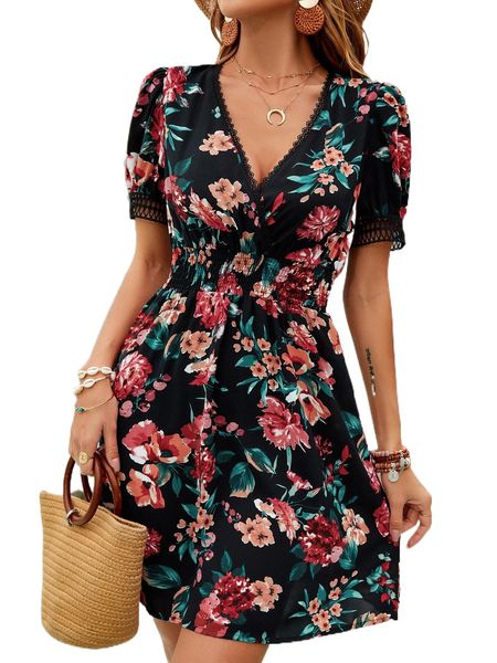 allover floral print shirred waist a-line dress o8cn#, Black;gray
allover floral print shirred waist a-line dress o8cn#, Black;gray