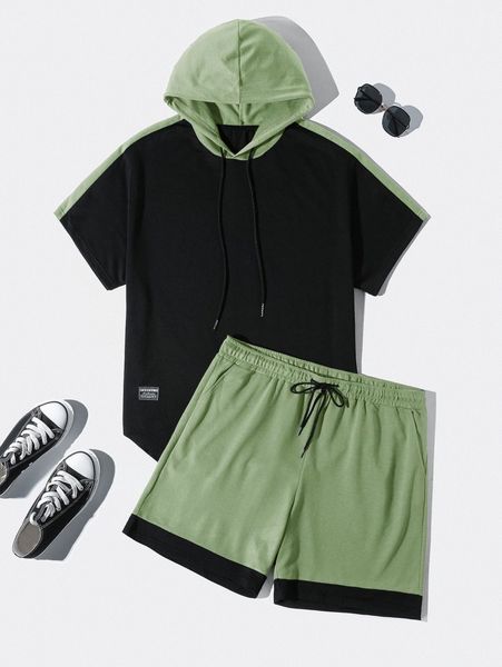 extended sizes men letter patch colorblock drawstring hooded tee & contrast trim shorts a7kg#, Gray
extended sizes men letter patch colorblock drawstring hooded tee & contrast trim shorts a7kg#, Gray