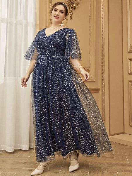 plus butterfly sleeve star mesh maxi dress 24ef#, Black