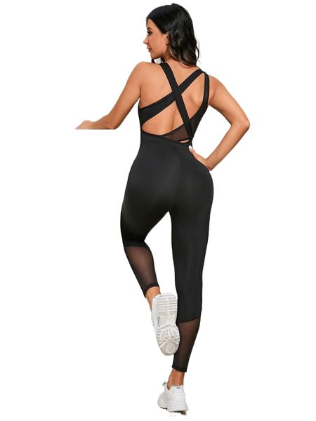 contrast mesh crisscross backless sports jumpsuit 52pg#, Gray