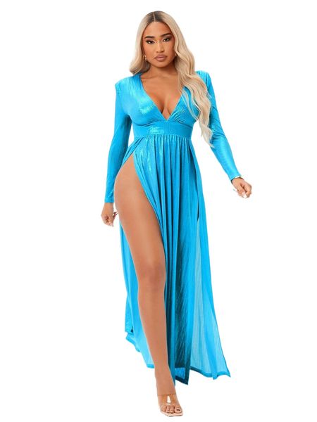 sxy split thigh metallic dress n2yj#, Black;gray