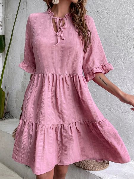 tie neck flounce sleeve ruffle hem dress x44w#, Black;gray
tie neck flounce sleeve ruffle hem dress x44w#, Black;gray