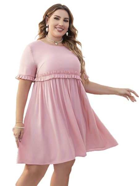 plus frill trim smock dress k63d#, Black