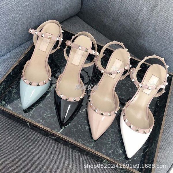 sandals rivet high heels women's patent leather baotou shoes thin heel fairy style one-sided belt pointed sandals, Black
sandals rivet high heels women's patent leather baotou shoes thin heel fairy style one-sided belt pointed sandals, Black