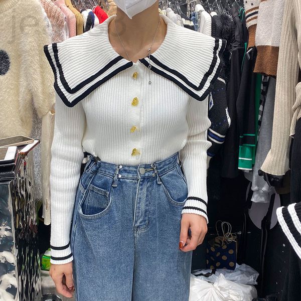 women's knits & tees designer fashion aging navy collar long sleeve 2021 new style small fragrant button temperament versatile slim kni, White
women's knits & tees designer fashion aging navy collar long sleeve 2021 new style small fragrant button temperament versatile slim kni, White
