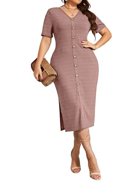 plus button front rib knit split hem dress w5ub#, Black
plus button front rib knit split hem dress w5ub#, Black