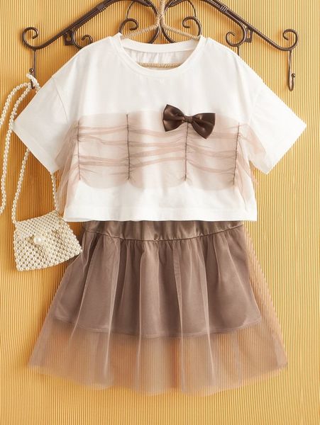 girls bow front contrast mesh tee & skirt she, White