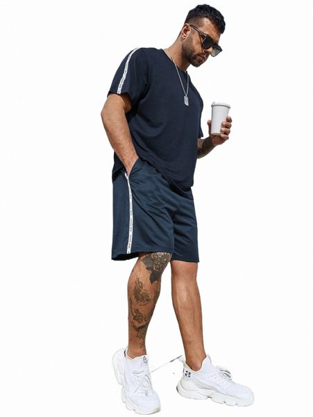 extended sizes men letter tape side tee & shorts h2g9#, Gray