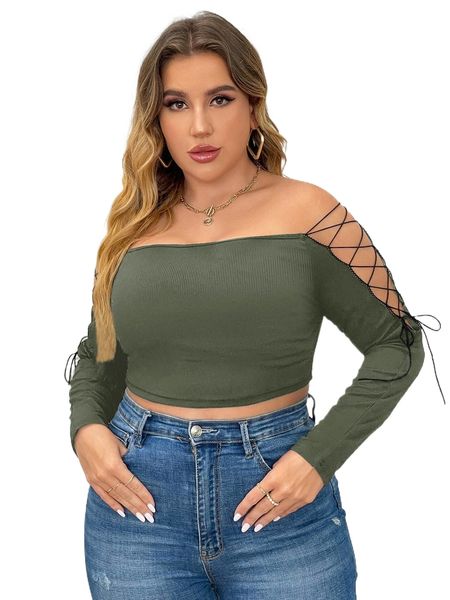 plus off shoulder lace up side crop tee c2sj#, Black