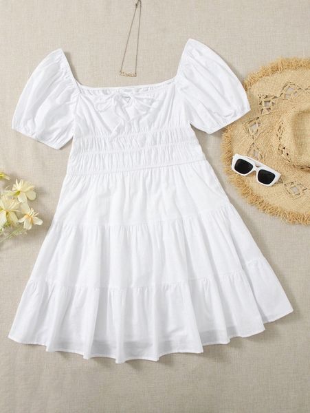 plus puff sleeve tiered hem milkmaid dress m5v4#, Black
