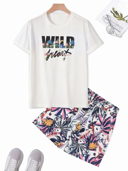 men letter graphic tee & tropical print drawstring waist shorts 152x#, Gray