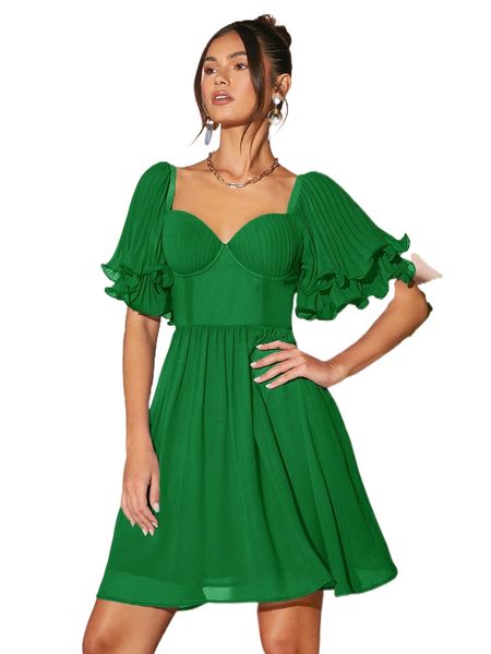 lettuce trim flounce sleeve bustier dress s7n4#, Black;gray
lettuce trim flounce sleeve bustier dress s7n4#, Black;gray